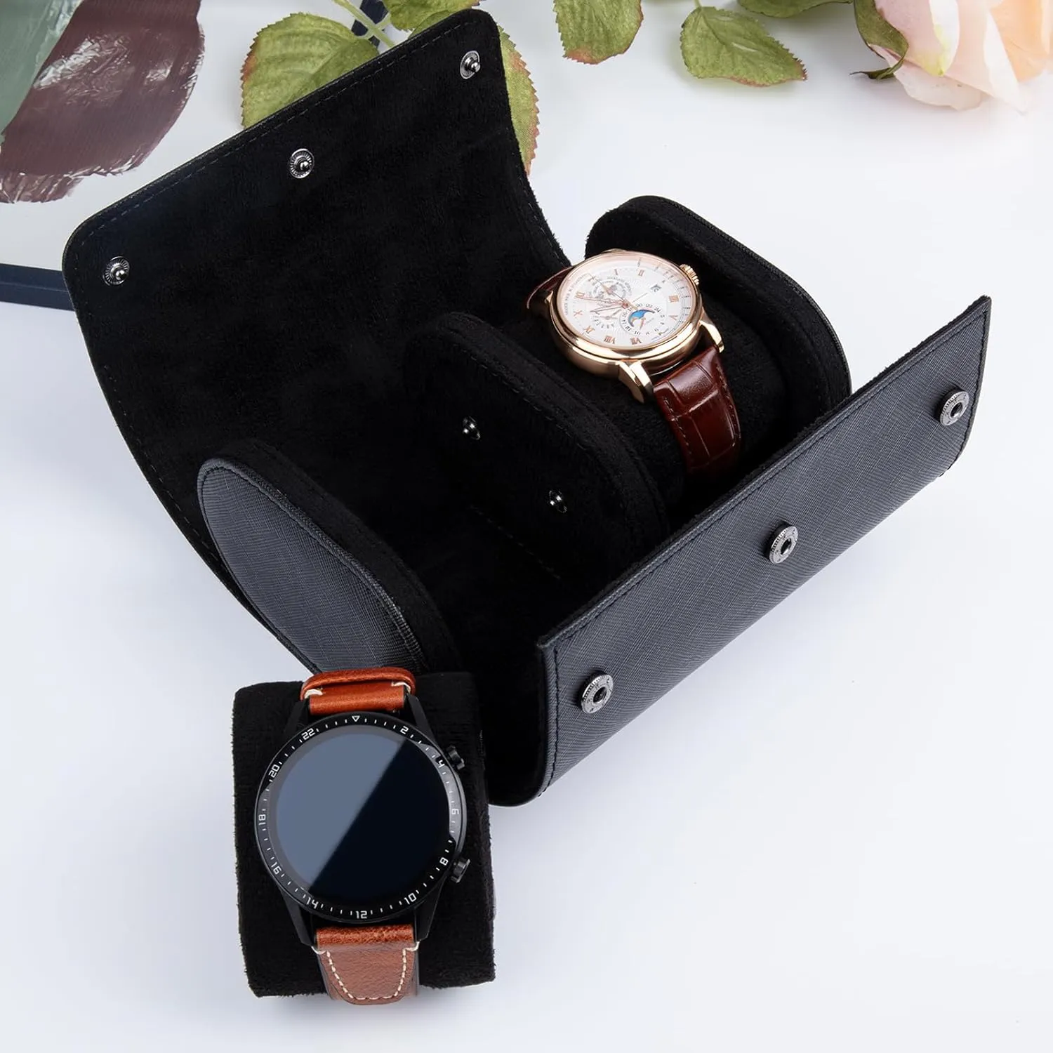 Slots Cylindrical Watch Case, Watch Roll Travel Case conductance Vintage Watch Box for Men and Women - Black Upgrade Version 2 