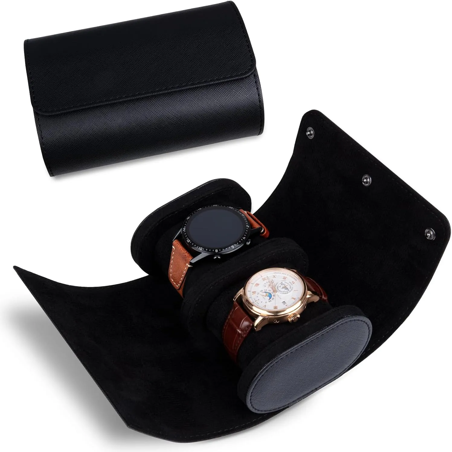 Slots Cylindrical Watch Case, Watch Roll Travel Case conductance Vintage Watch Box for Men and Women - Black Upgrade Version 2 