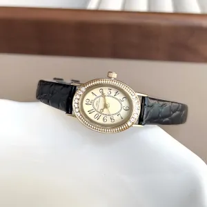 Small Vintage Analog Watch-Diamond Oval Bezel Easy to Read Arabic Numerals Quartz Watch Ladies Classic Dress Watches with Leather Band FANMIS gymnasium mackerel Women's 