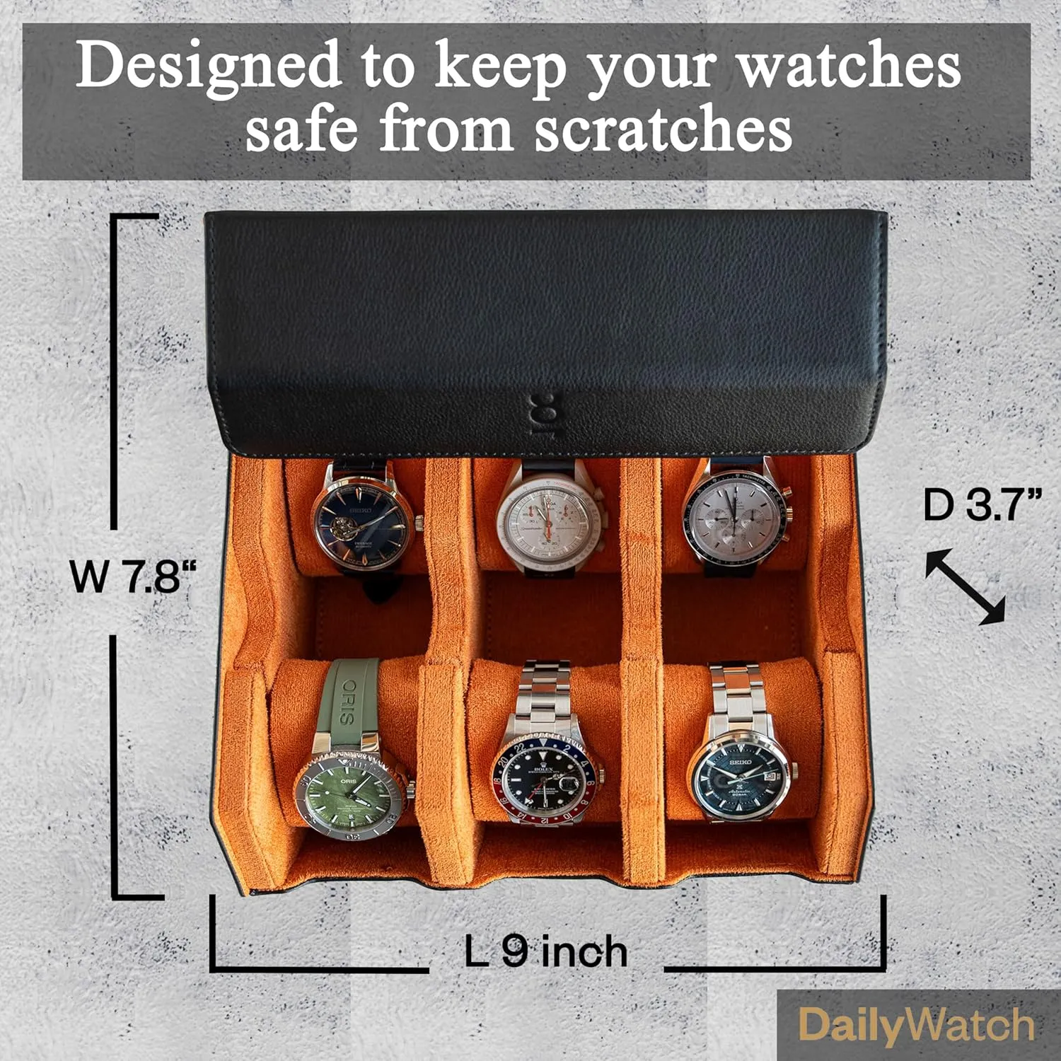 Soft Velvet Interior | Travel Watch Case - Protect & Display Your Watches | Watch Storage Travel Case deferential in Black Orange Watch Box For 6 Watches | Genuine Black Leather Watch Roll Case With 