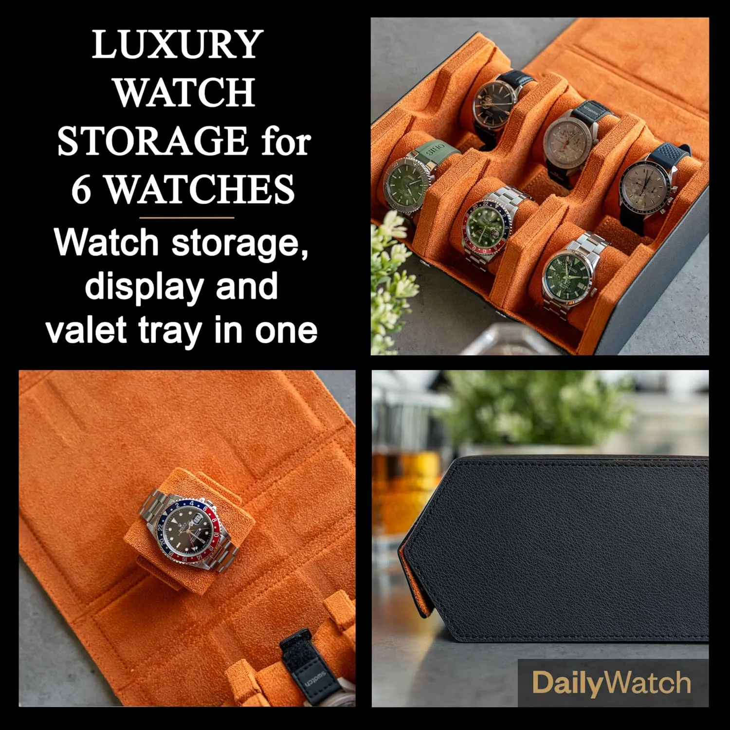 Soft Velvet Interior | Travel Watch Case - Protect & Display Your Watches | Watch Storage Travel Case deferential in Black Orange Watch Box For 6 Watches | Genuine Black Leather Watch Roll Case With 