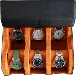 Soft Velvet Interior | Travel Watch Case - Protect & Display Your Watches | Watch Storage Travel Case deferential in Black Orange Watch Box For 6 Watches | Genuine Black Leather Watch Roll Case With 