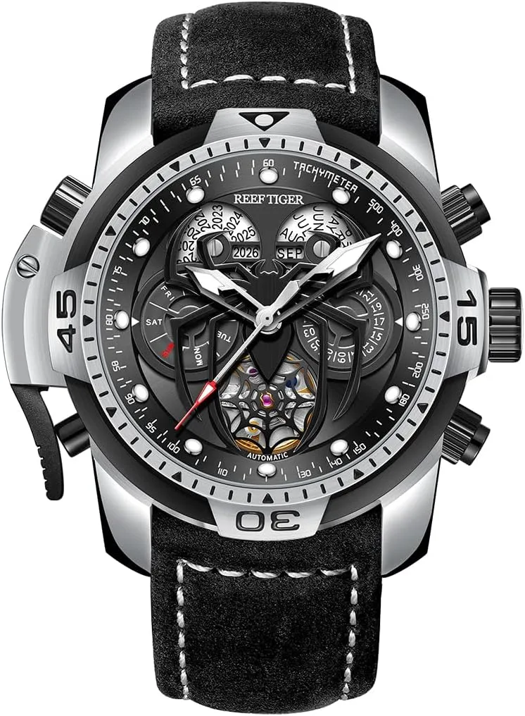 Spider Dial with Year Month Perpetual Calendar Leather Mechanical Watches RGA3532SP sundial authentic REEF TIGER High-end Luminous Sport Automatic Watch 