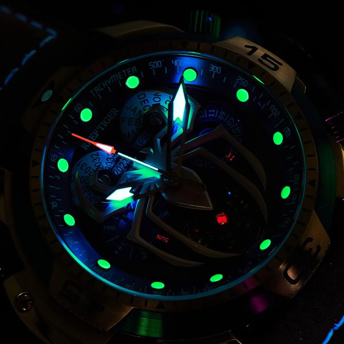 Spider Dial with Year Month Perpetual Calendar Leather Mechanical Watches RGA3532SP sundial authentic REEF TIGER High-end Luminous Sport Automatic Watch 