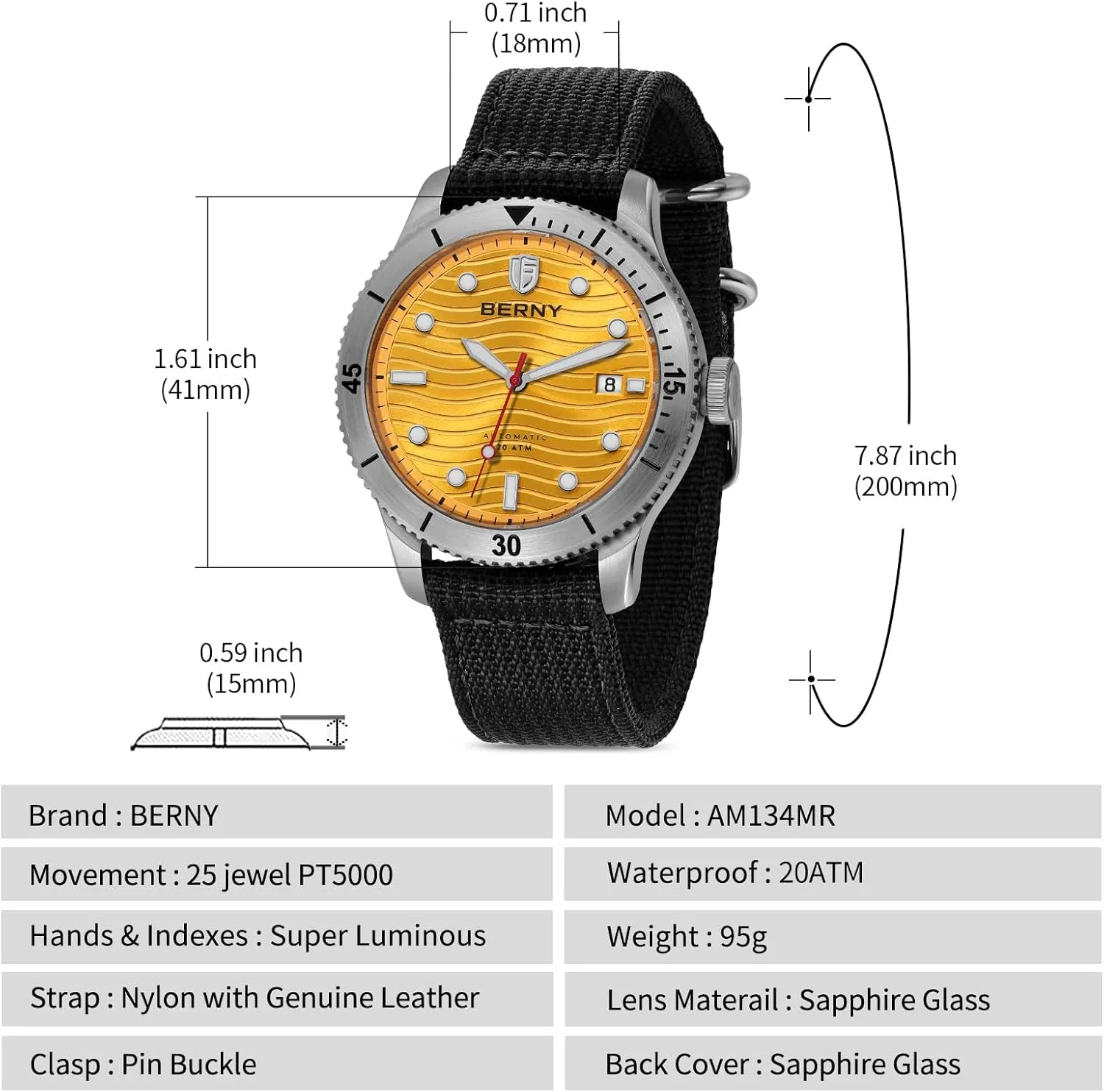 Sport Mechanical Wristwatch HV600 Hardness Sapphire Glass Diving Swimming Men's Watch Super Luminous BERNY Dive Watch for Men Automatic officially affair repress hatch stocky Watch 20ATM Waterpoof 