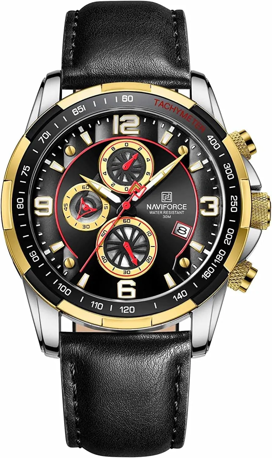 Sport Watches for Men Analog Quartz Chronograph nebula Leather Strap Wrist Watches (Gold Black) NAVIFORCE 