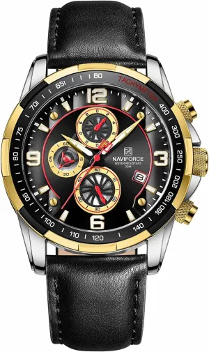 Sport Watches for Men Analog Quartz Chronograph nebula Leather Strap Wrist Watches (Gold Black) NAVIFORCE 