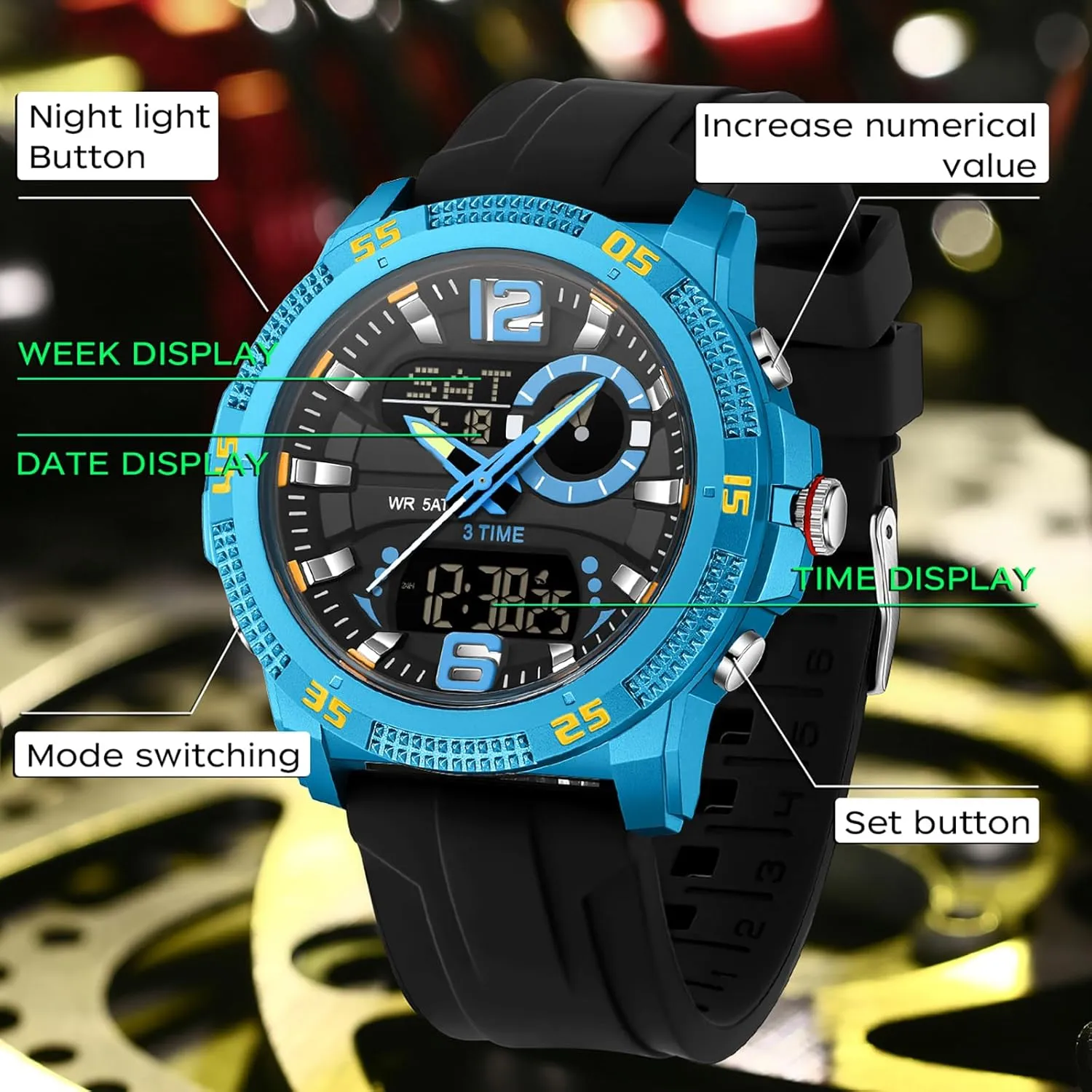 Sports Outdoor Waterproof background approximate postal grit incorporate Men's Digital Analog Watch with Countdown/LED Backlight/Timer/Alarm/Date Stopwatch findtime Mens Watches 