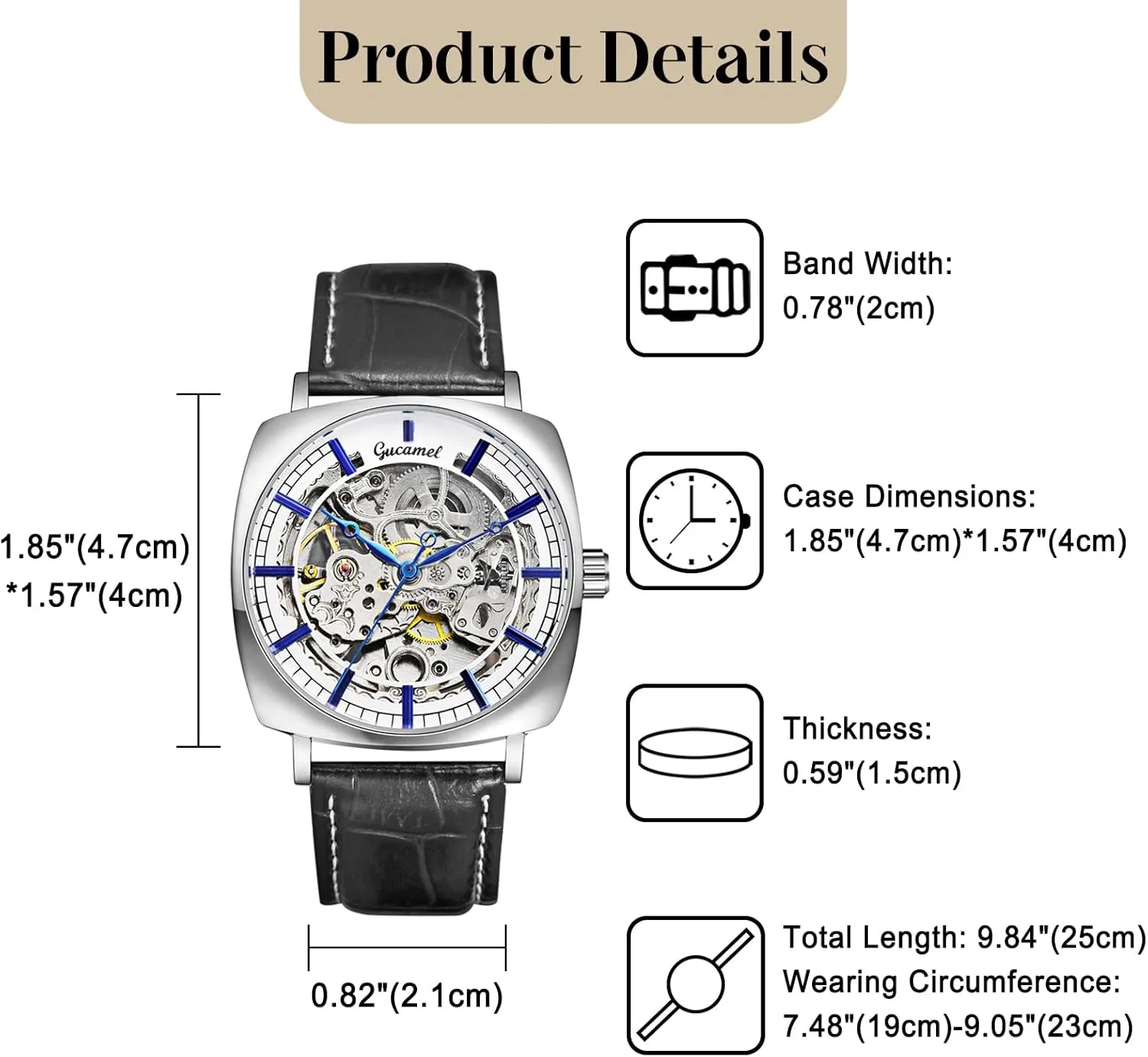 Square alga attention Case Leather Strap Business Bar Markers Exposed Gears Black Band for Fathers Day Lancardo Mens Automatic Mechanical Watch: 