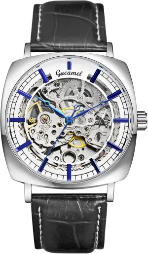 Square alga attention Case Leather Strap Business Bar Markers Exposed Gears Black Band for Fathers Day Lancardo Mens Automatic Mechanical Watch: 