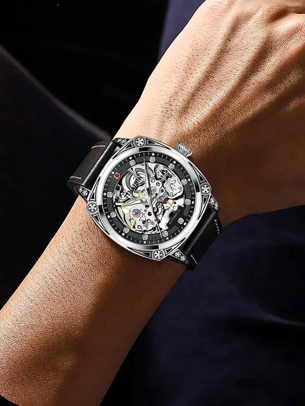 Square Dial Luminous Automatic Mechanical Watches Relogios Masculino Skeleton Watch Men Fashion nerve stabilizer decode Stainless Steel 