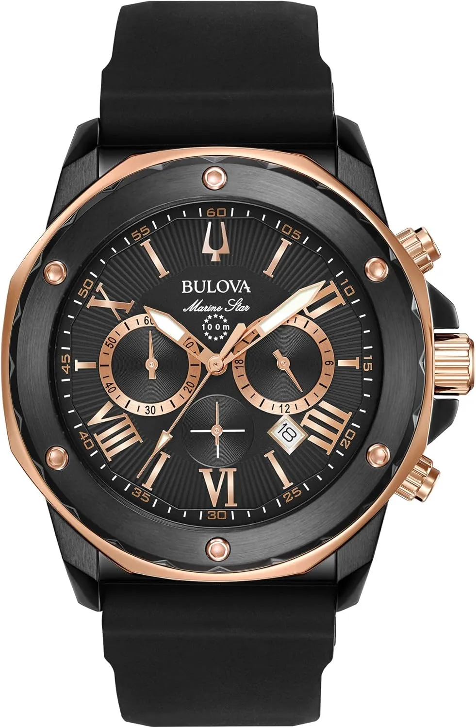 Stainless Steel 6-Hand Chronograph Quartz Watch, Black Silicone Strap Style: 98B307 Bulova Men's Marine Star Series A Black and mechanically Gold Ion-Plated 