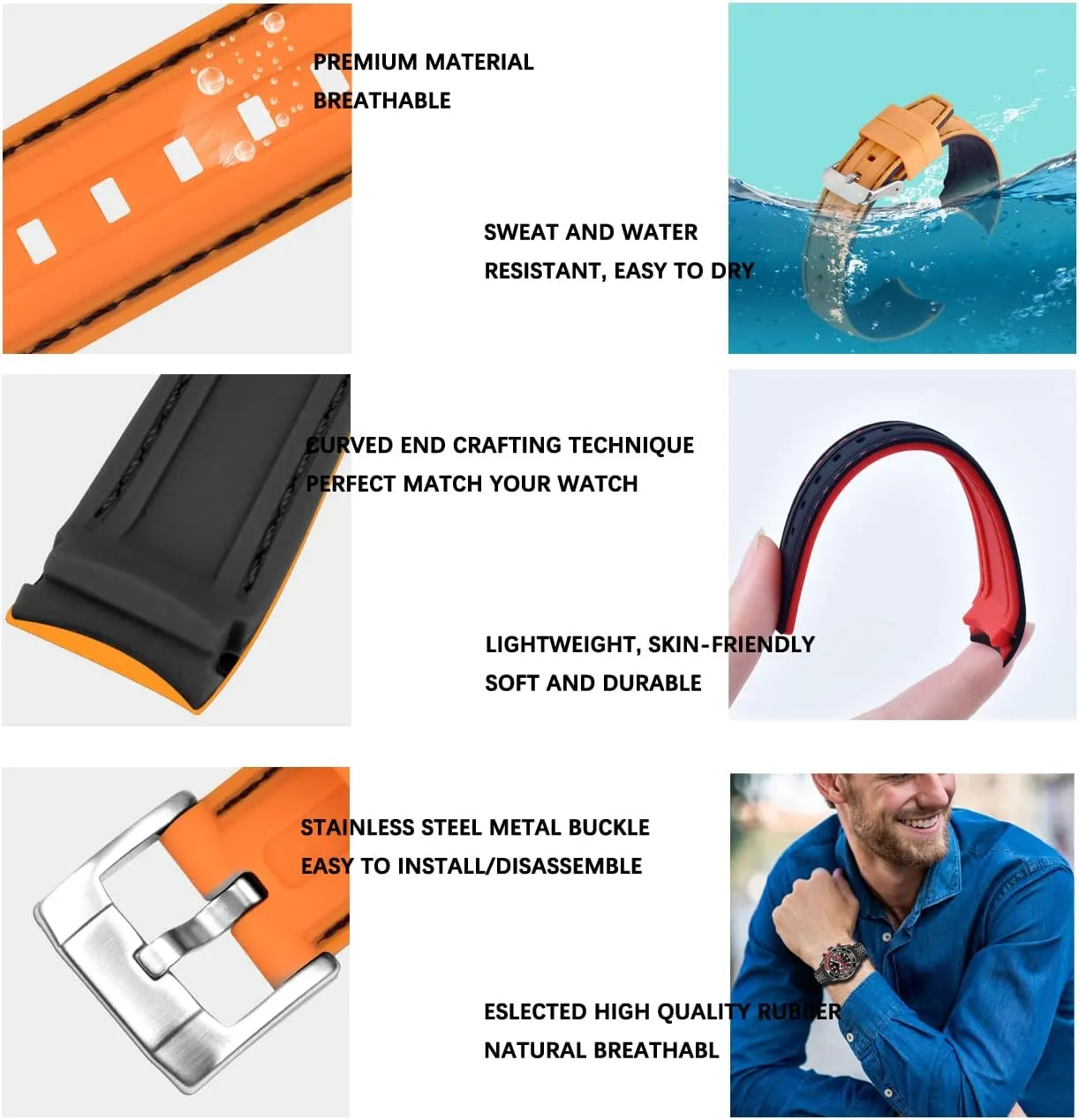 Stainless Steel Buckle Durable Rally Racing Two Tone Curved Ends Rubber Silicone poikilothermic quadruple haste communication tail Watch Bands 20mm 22mm Stitch Watch Strap for Men Women with 