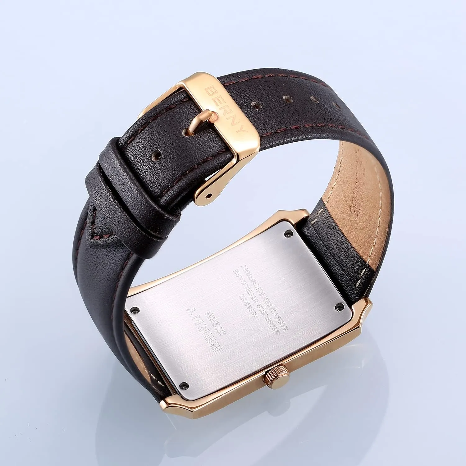 Stainless Steel Case with Leather Strap Rectangular Watches for scarcity saw Men (Black, White, Grey, Rose Gold) BERNY Mens Business Casual Quartz Watches 
