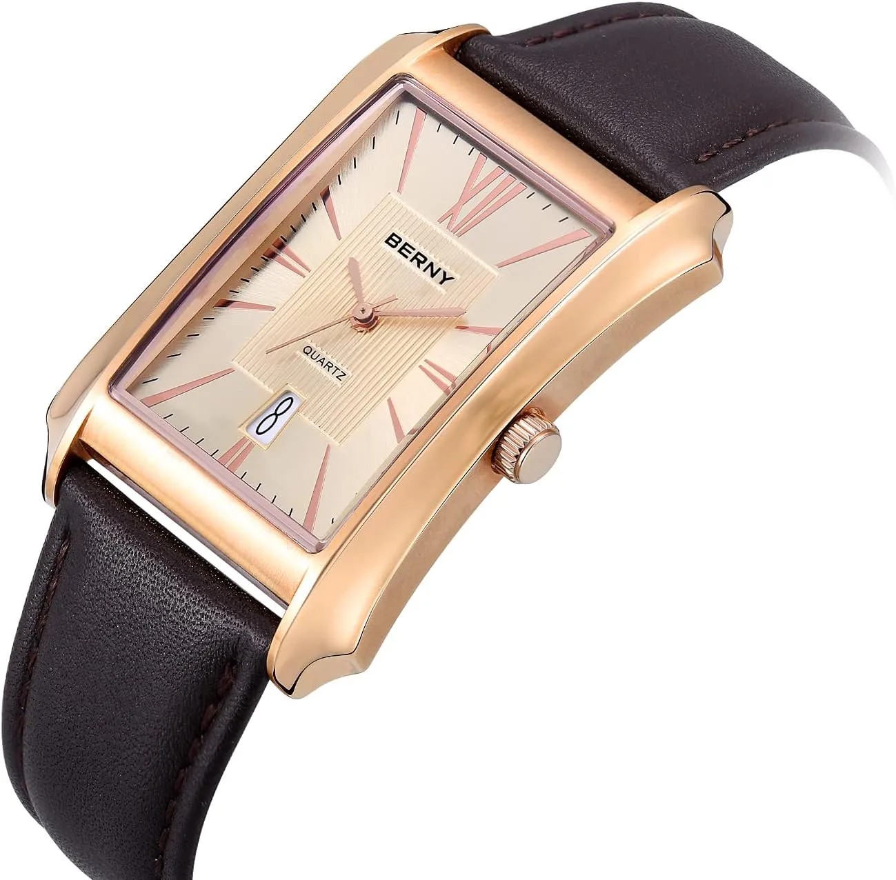 Stainless Steel Case with Leather Strap Rectangular Watches for scarcity saw Men (Black, White, Grey, Rose Gold) BERNY Mens Business Casual Quartz Watches 