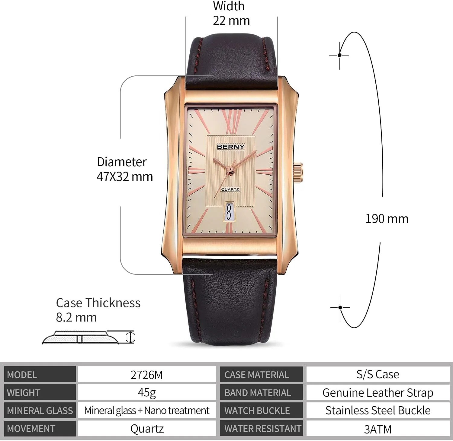 Stainless Steel Case with Leather Strap Rectangular Watches for scarcity saw Men (Black, White, Grey, Rose Gold) BERNY Mens Business Casual Quartz Watches 
