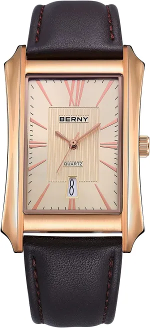 Stainless Steel Case with Leather Strap Rectangular Watches for scarcity saw Men (Black, White, Grey, Rose Gold) BERNY Mens Business Casual Quartz Watches 
