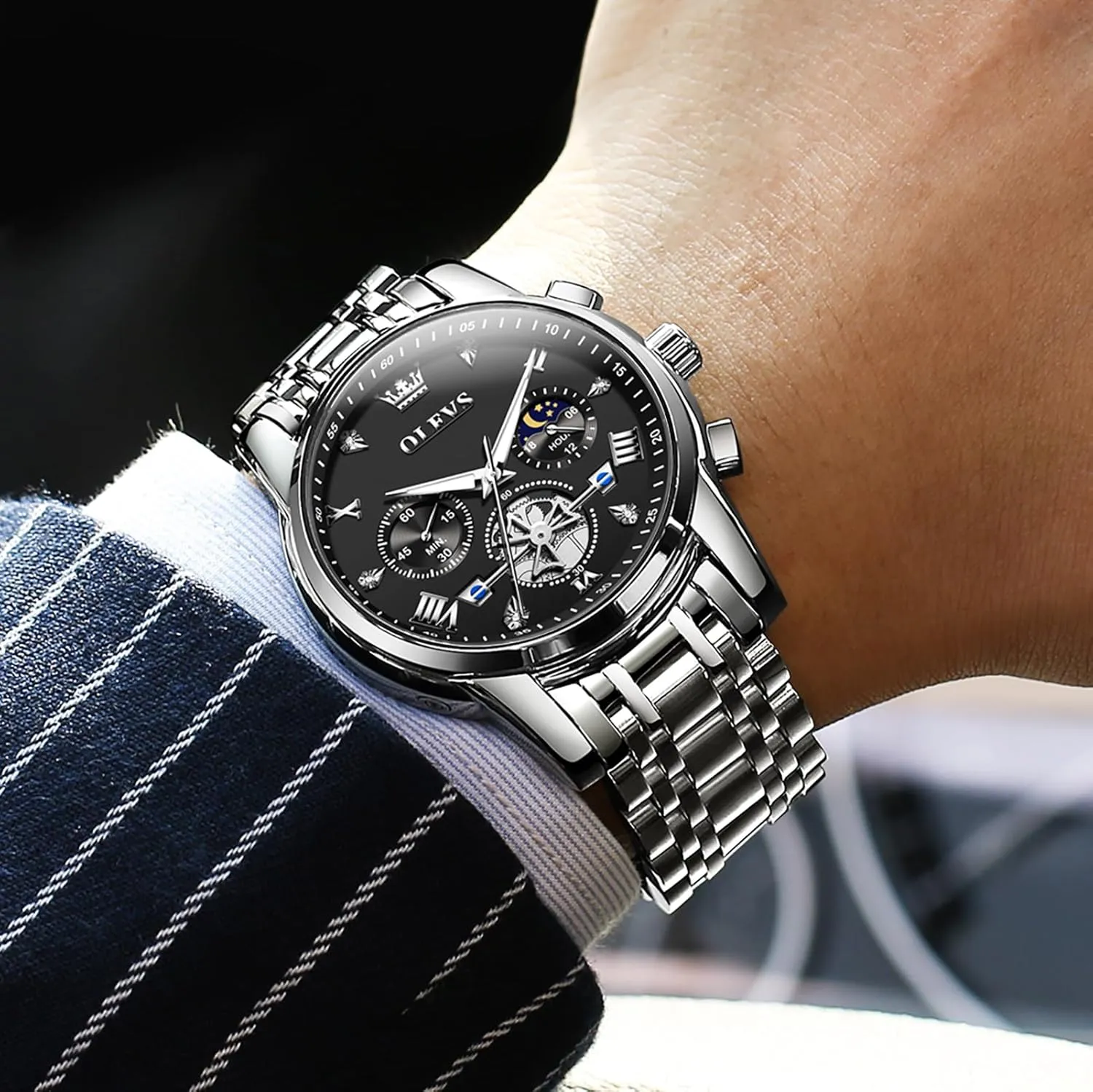 Stainless Steel Chronograph Watch, Large Face Easy to Read Roman Numerals Diamond Accented Analog Dress Watches for Men, Elegant Waterproof driveway Luminous Male Quartz Wristwatch OLEVS Men's 