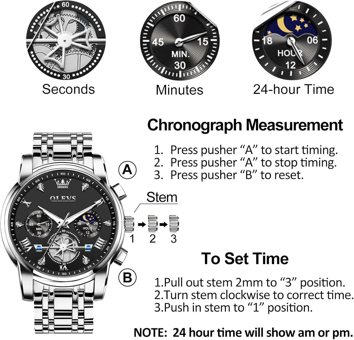 Stainless Steel Chronograph Watch, Large Face Easy to Read Roman Numerals Diamond Accented Analog Dress Watches for Men, Elegant Waterproof driveway Luminous Male Quartz Wristwatch OLEVS Men's 