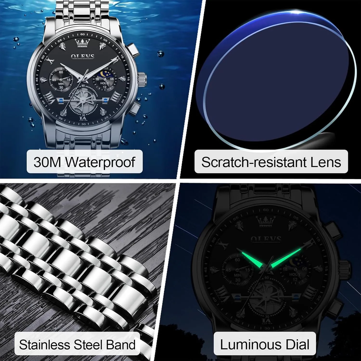 Stainless Steel Chronograph Watch, Large Face Easy to Read Roman Numerals Diamond Accented Analog Dress Watches for Men, Elegant Waterproof driveway Luminous Male Quartz Wristwatch OLEVS Men's 