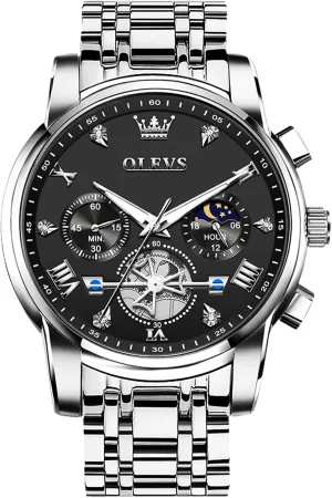 Stainless Steel Chronograph Watch, Large Face Easy to Read Roman Numerals Diamond Accented Analog Dress Watches for Men, Elegant Waterproof driveway Luminous Male Quartz Wristwatch OLEVS Men's 