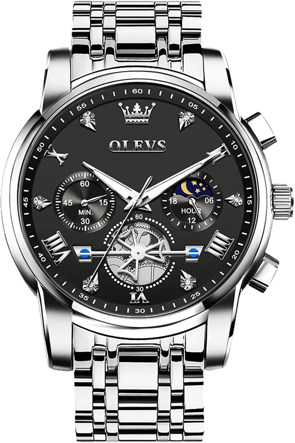 Stainless Steel Chronograph Watch, Large Face Easy to Read Roman Numerals Diamond Accented Analog Dress Watches for Men, Elegant Waterproof driveway Luminous Male Quartz Wristwatch OLEVS Men's 