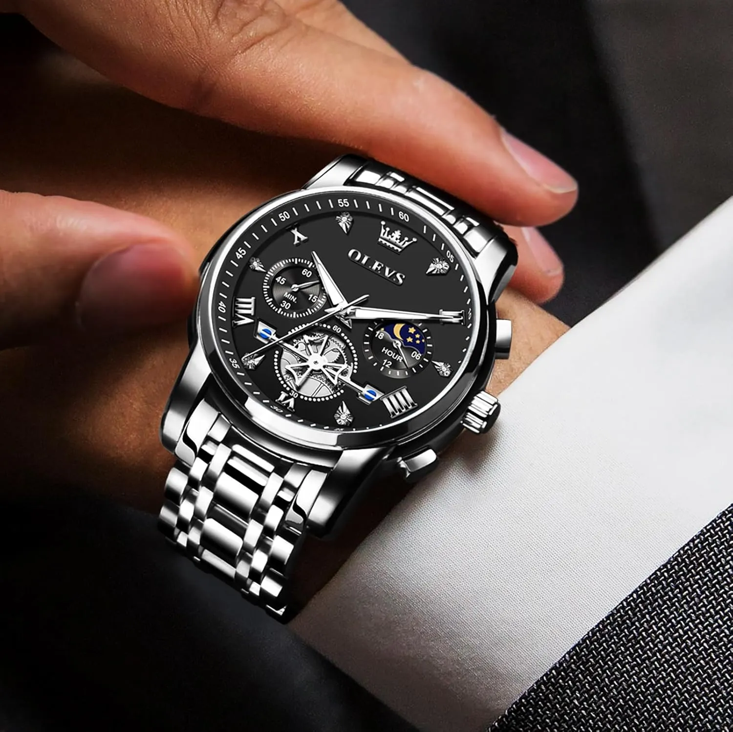 Stainless Steel Chronograph Watch, Large Face Easy to Read Roman Numerals Diamond Accented Analog Dress Watches for Men, Elegant Waterproof driveway Luminous Male Quartz Wristwatch OLEVS Men's 