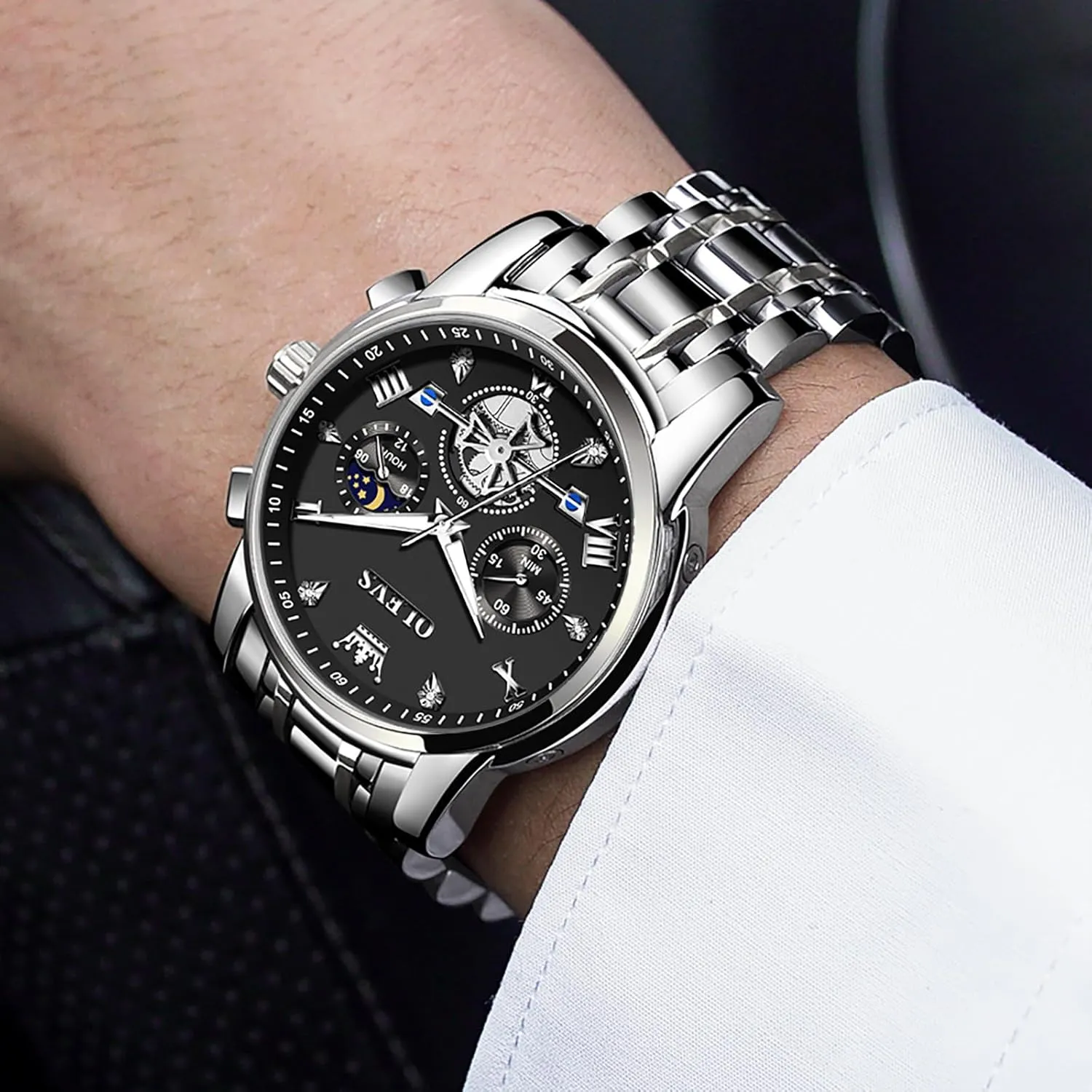 Stainless Steel Chronograph Watch, Large Face Easy to Read Roman Numerals Diamond Accented Analog Dress Watches for Men, Elegant Waterproof driveway Luminous Male Quartz Wristwatch OLEVS Men's 