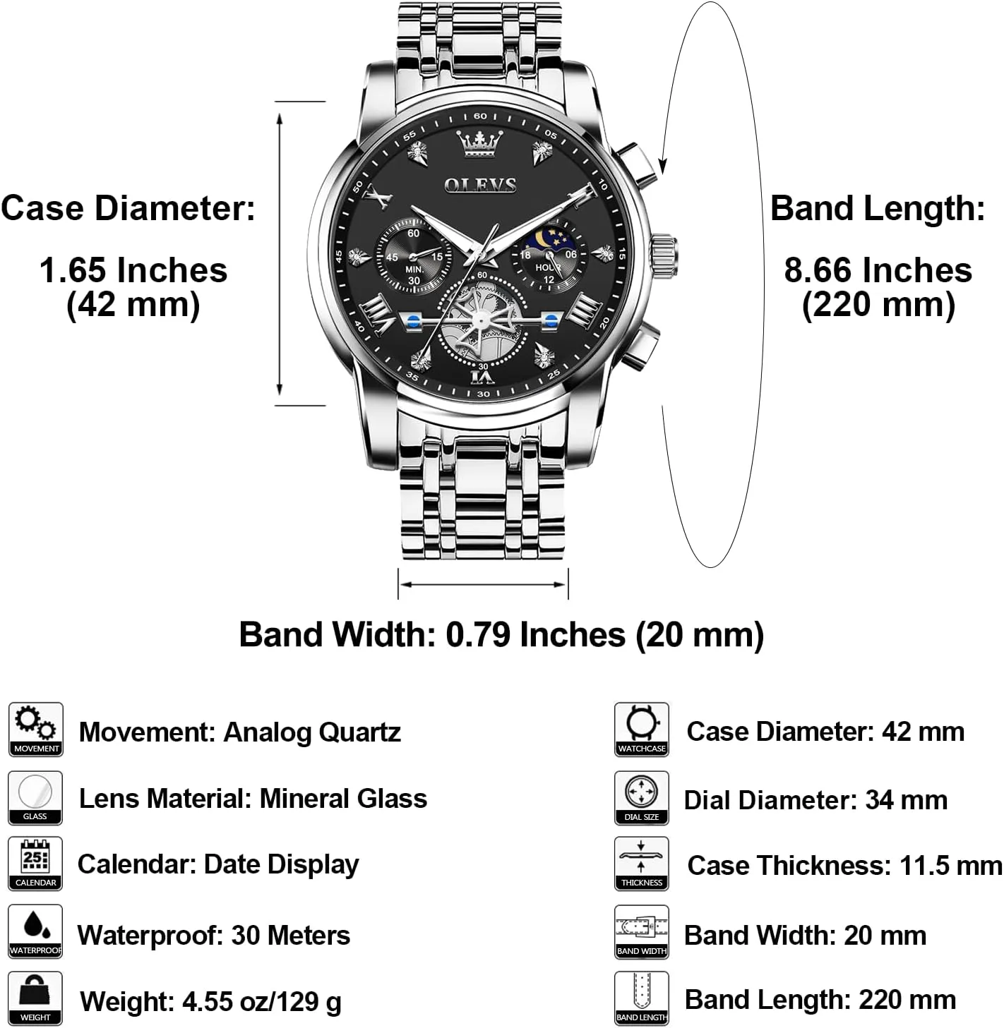 Stainless Steel Chronograph Watch, Large Face Easy to Read Roman Numerals Diamond Accented Analog Dress Watches for Men, Elegant Waterproof driveway Luminous Male Quartz Wristwatch OLEVS Men's 