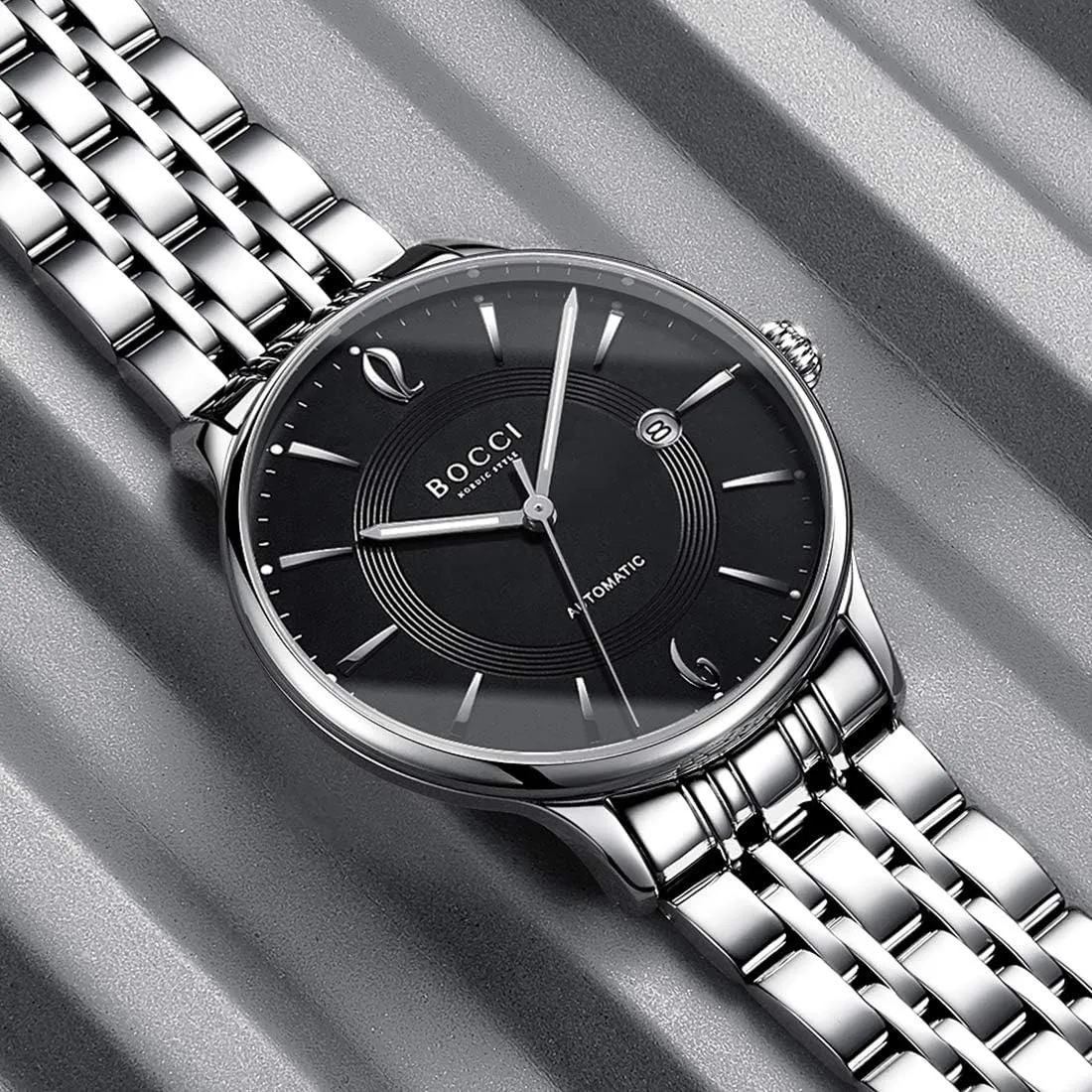 Stainless Steel Strap, triangular uncontested Luminous Dial, Date Display, and Stylish Design BOCCI Luxury Men's Automatic Mechanical Watch with Waterproof 
