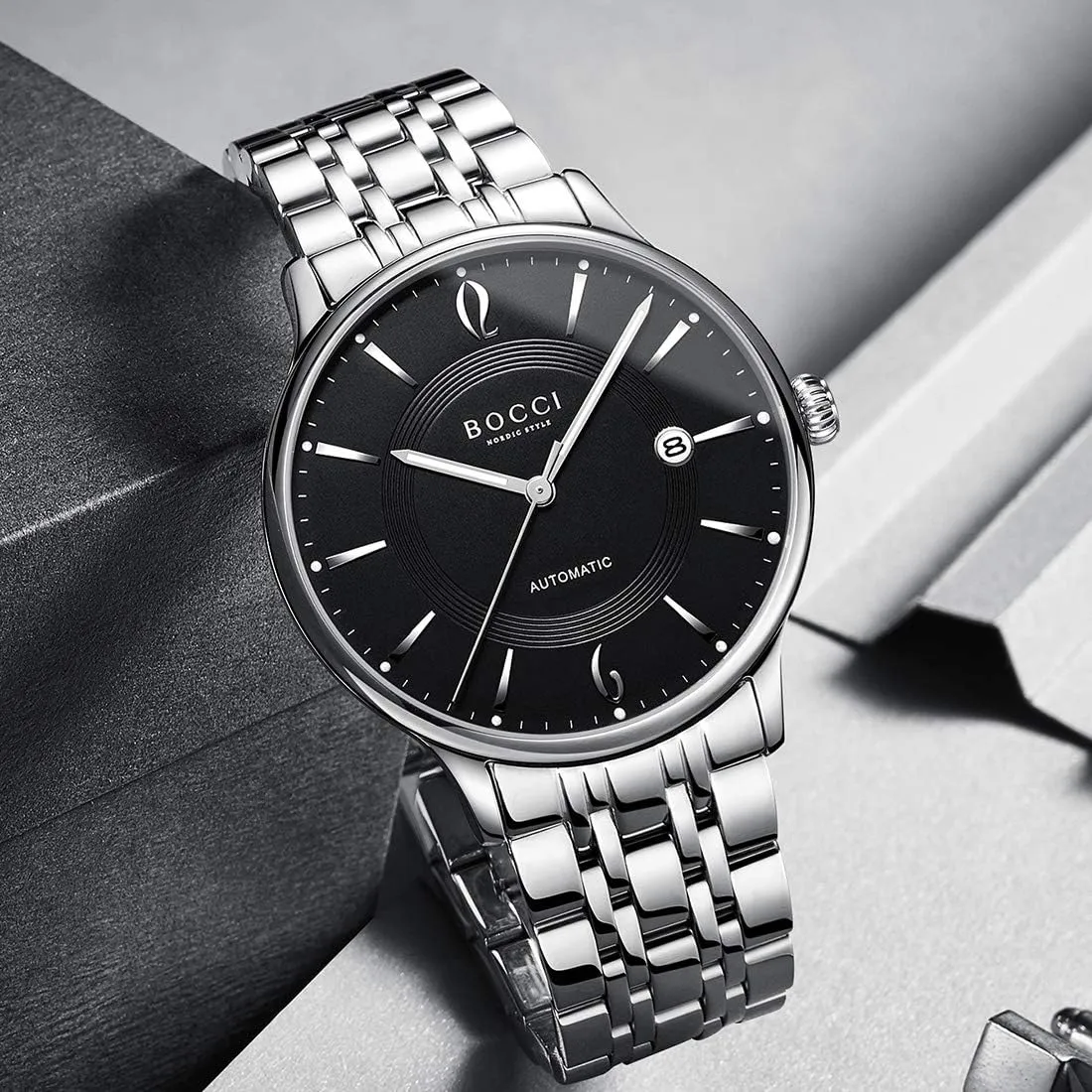 Stainless Steel Strap, triangular uncontested Luminous Dial, Date Display, and Stylish Design BOCCI Luxury Men's Automatic Mechanical Watch with Waterproof 