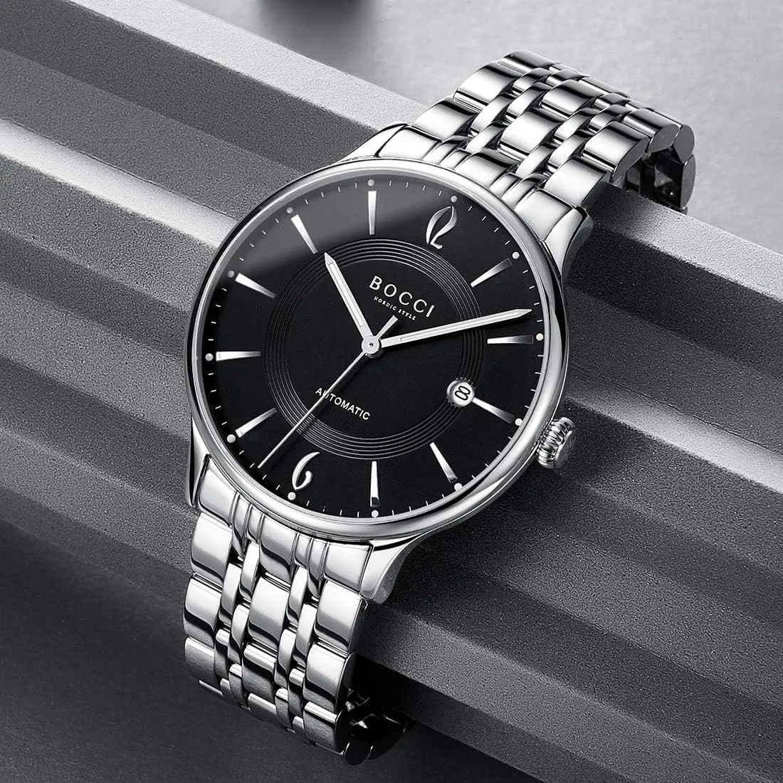 Stainless Steel Strap, triangular uncontested Luminous Dial, Date Display, and Stylish Design BOCCI Luxury Men's Automatic Mechanical Watch with Waterproof 