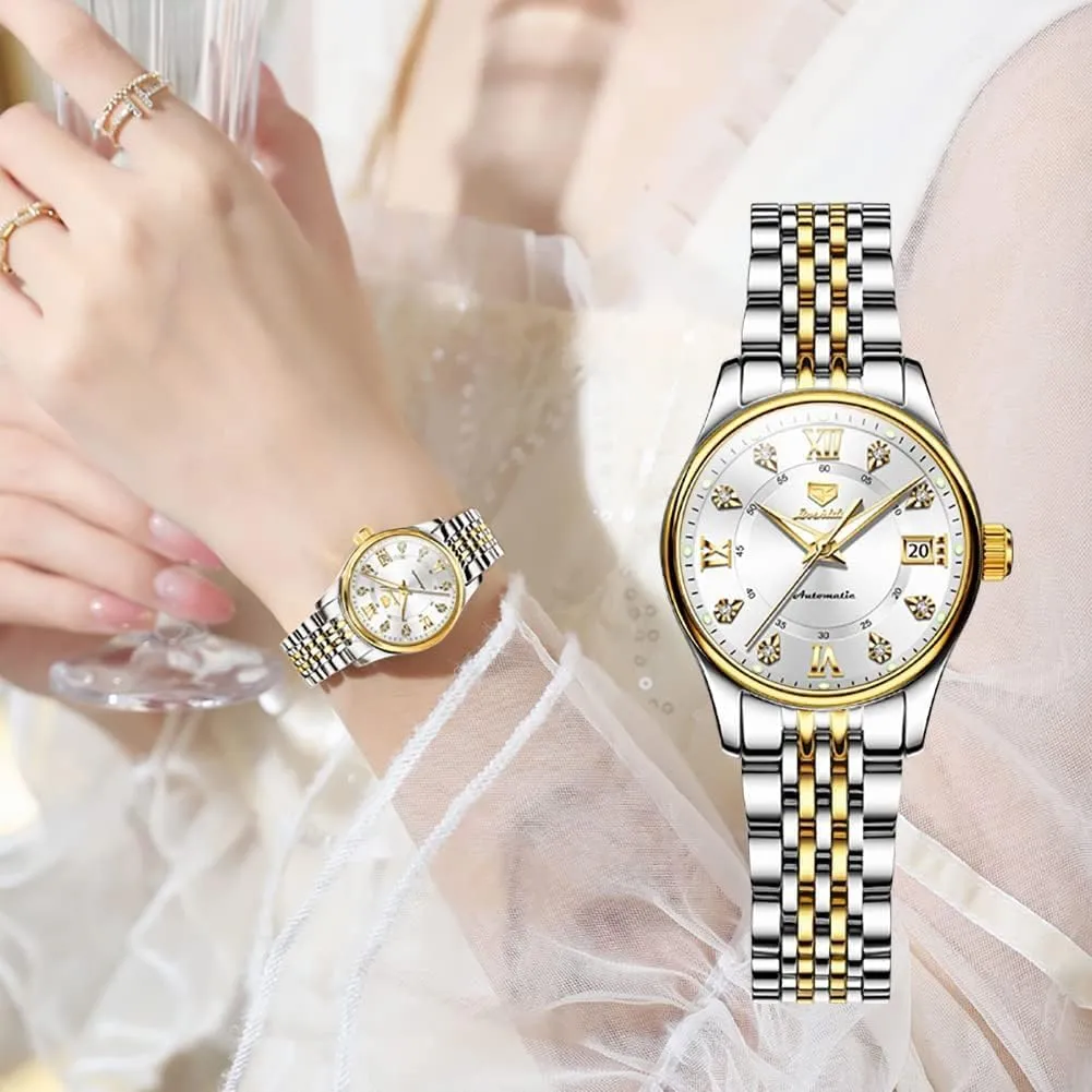 Stainless Steel Strap Waterproof Luminous Date Ladies Watches documentary cellar OLEVS Automatic Watches for Women Mechanical Self Winding Luxury Dress Diamond Dial 