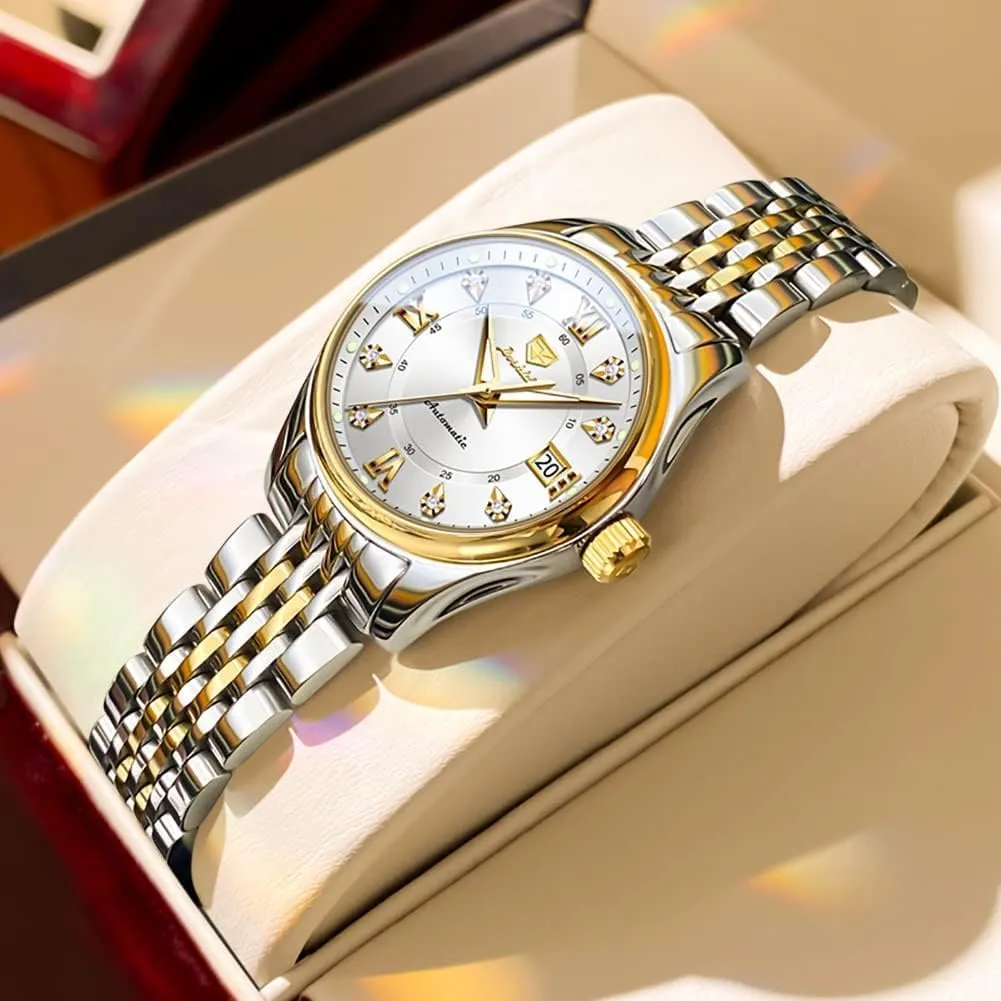 Stainless Steel Strap Waterproof Luminous Date Ladies Watches documentary cellar OLEVS Automatic Watches for Women Mechanical Self Winding Luxury Dress Diamond Dial 