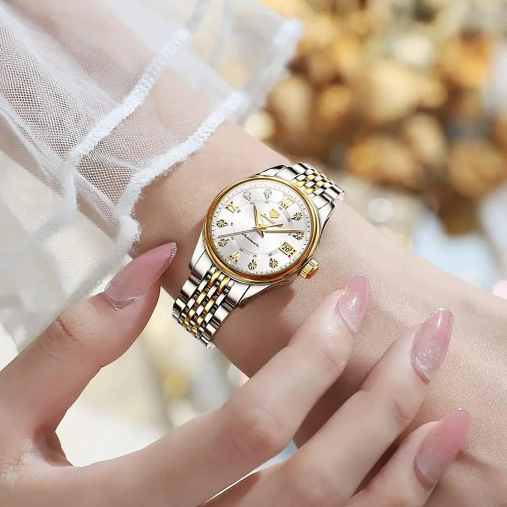 Stainless Steel Strap Waterproof Luminous Date Ladies Watches documentary cellar OLEVS Automatic Watches for Women Mechanical Self Winding Luxury Dress Diamond Dial 