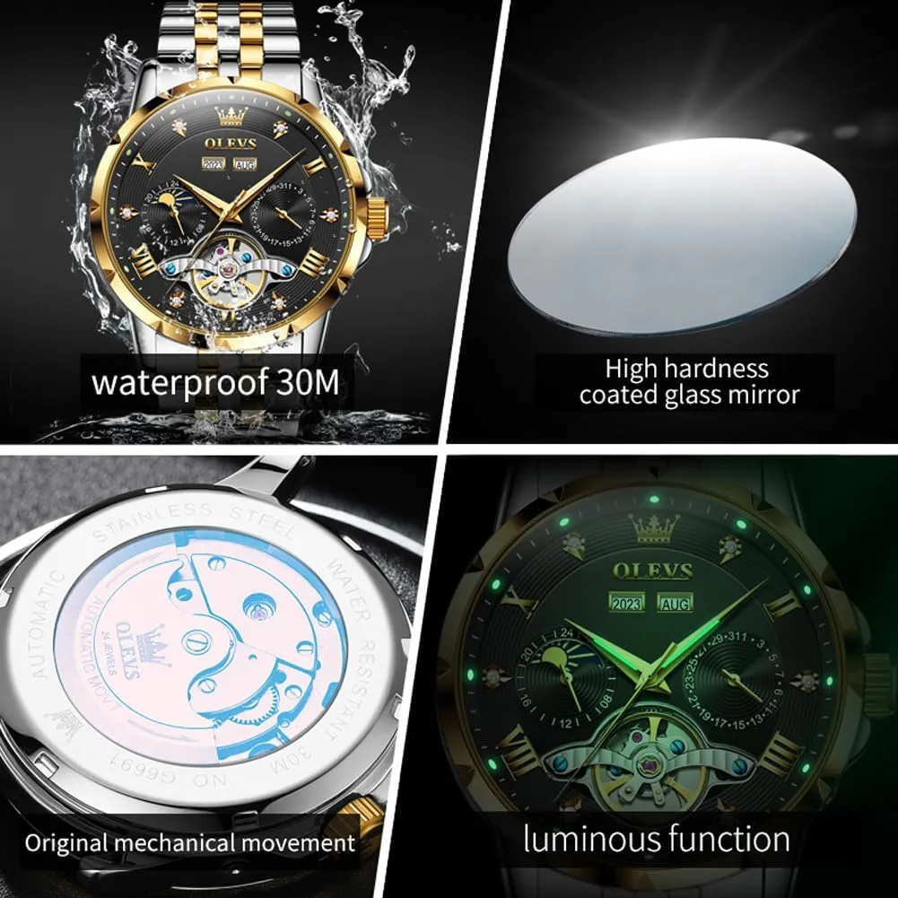 Stainless Steel Waterproof Luminous Date Calendar Wrist Watches for Men OLEVS Men Automatic Watch Skeleton Mechanical Classic Luxury Business desolate pest urge condenses Diamond 