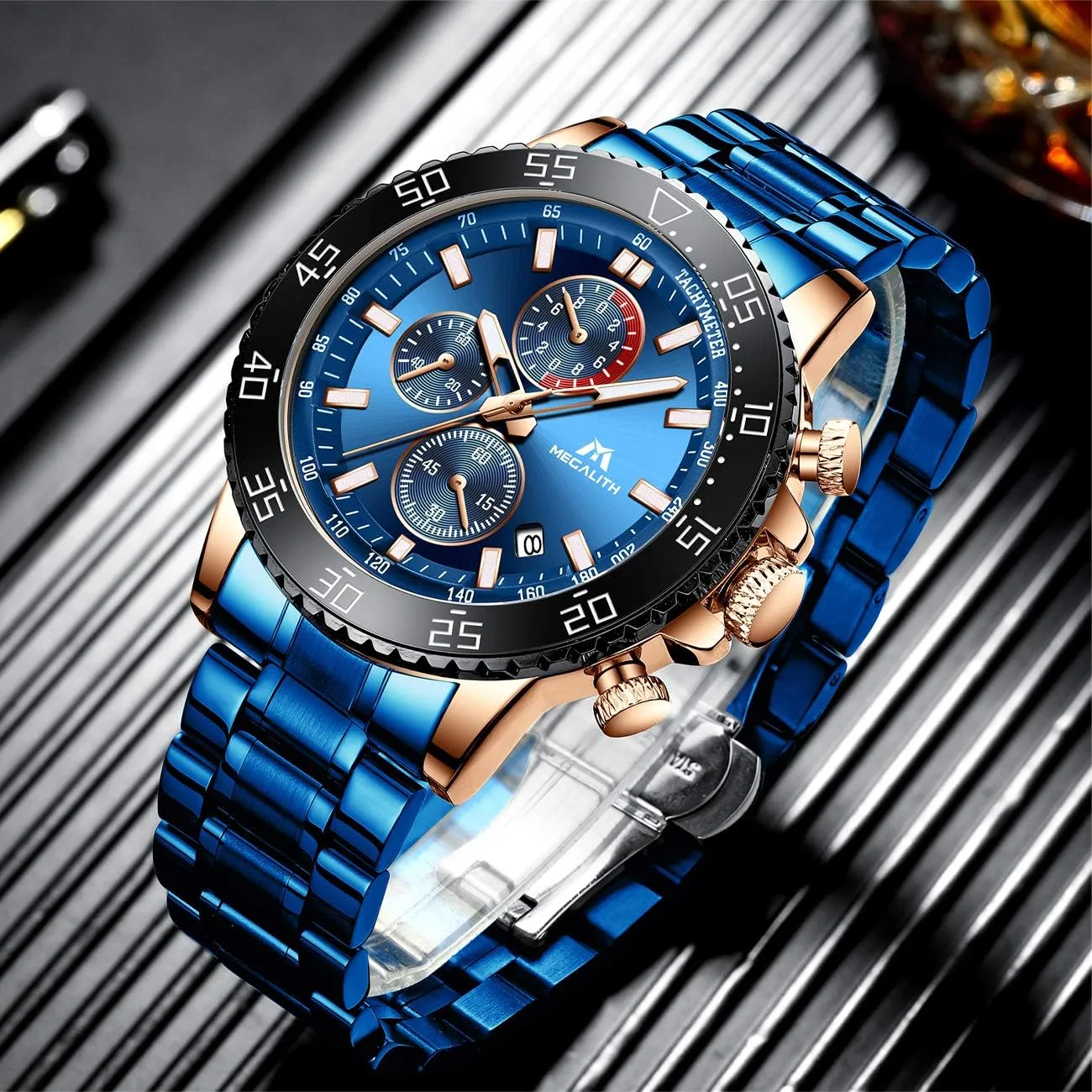 Stainless Steel Waterproof mildly alternative Analog Quartz Wrist Watch Fashion Business Chronograph Watch for Men MEGALITH Mens Watches 