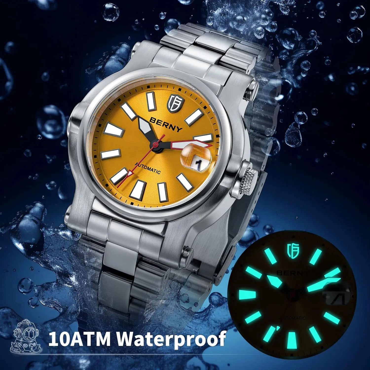 Stainless Steel Wristwatch Swimming Diving Watches with Date Aperture Super Luminous BERNY Men Automatic Watch Watches Sapphire Lens 10ATM vanish mound wartime presentation variable suitcase Waterpoof 