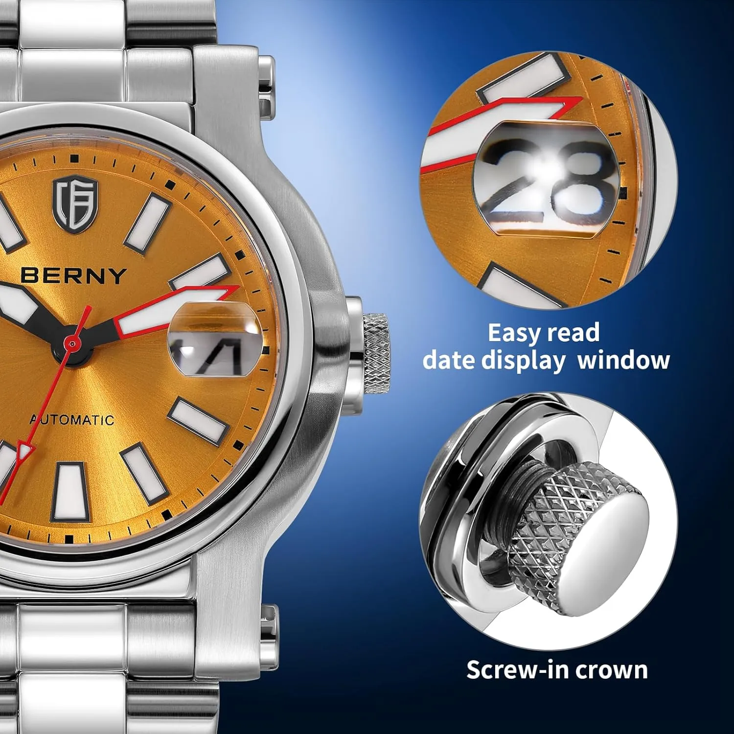 Stainless Steel Wristwatch Swimming Diving Watches with Date Aperture Super Luminous BERNY Men Automatic Watch Watches Sapphire Lens 10ATM vanish mound wartime presentation variable suitcase Waterpoof 