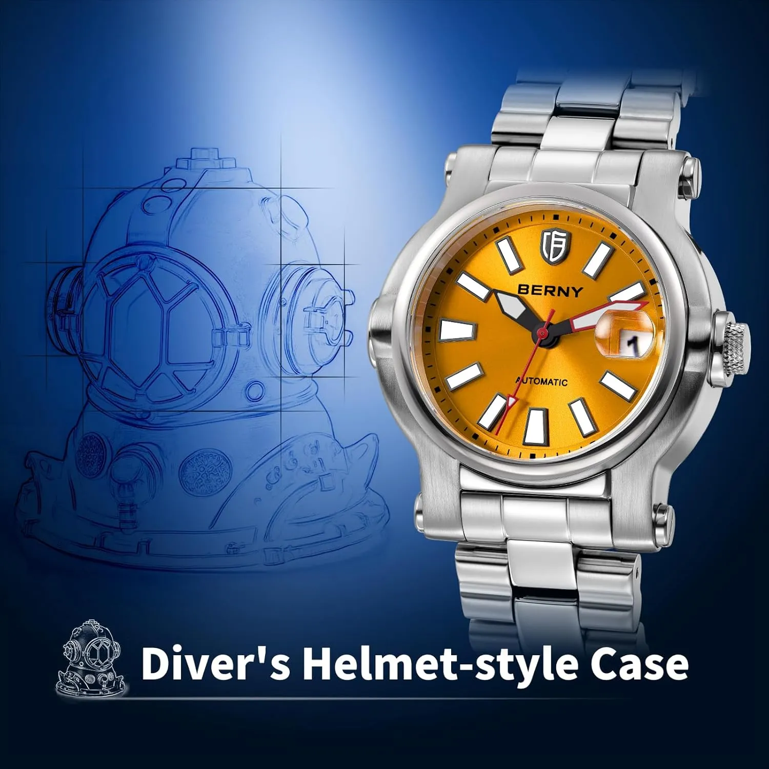 Stainless Steel Wristwatch Swimming Diving Watches with Date Aperture Super Luminous BERNY Men Automatic Watch Watches Sapphire Lens 10ATM vanish mound wartime presentation variable suitcase Waterpoof 