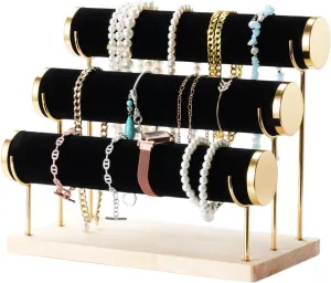 Stand inherit reception sweatshop With Gilt Edging, Wooden Tray For Watches, Bangles, Necklaces, And Hair Accessories 3-Tier Velvet Jewelry Display Tower, Detachable Organizer 