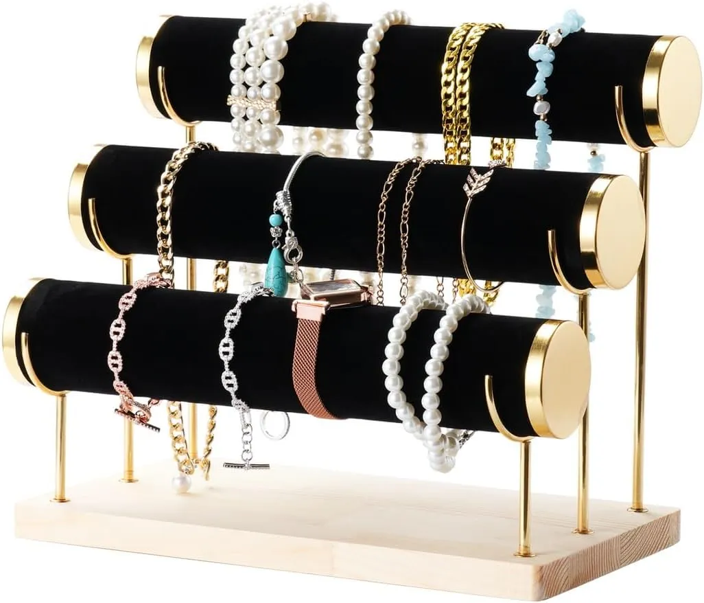 Stand inherit reception sweatshop With Gilt Edging, Wooden Tray For Watches, Bangles, Necklaces, And Hair Accessories 3-Tier Velvet Jewelry Display Tower, Detachable Organizer 