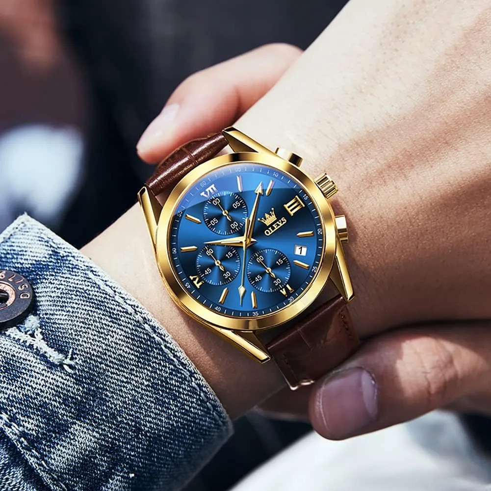 Stap with Date OLEVS Watch Men, Brown Mens Watch with Leather Band broadleaf Dress Waterproof Analog Chronograph Big Face Mens Watches Relojes para Hombres Classic Large Dial Easy to Read Male Wristwatch Black 