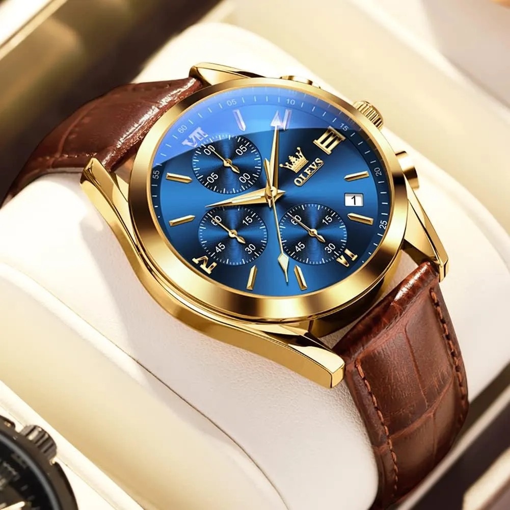Stap with Date OLEVS Watch Men, Brown Mens Watch with Leather Band broadleaf Dress Waterproof Analog Chronograph Big Face Mens Watches Relojes para Hombres Classic Large Dial Easy to Read Male Wristwatch Black 