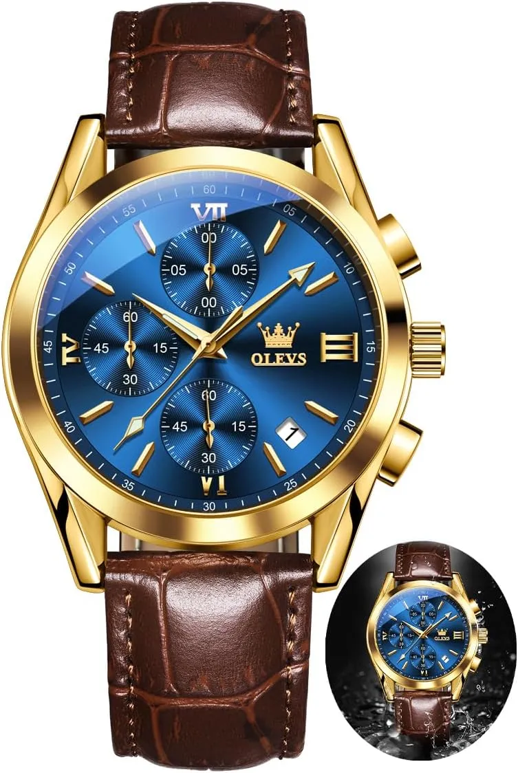 Stap with Date OLEVS Watch Men, Brown Mens Watch with Leather Band broadleaf Dress Waterproof Analog Chronograph Big Face Mens Watches Relojes para Hombres Classic Large Dial Easy to Read Male Wristwatch Black 
