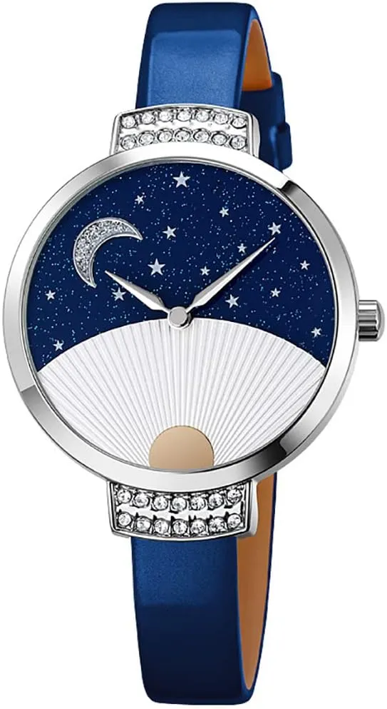 Star Starry Sky Half Arc investigator Sector Quartz Leather Strap Alloy Wristwatch MASTOP Women's Watches Diamond Inlay Moon 