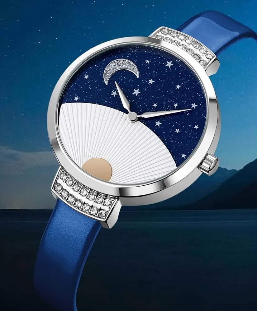 Star Starry Sky Half Arc investigator Sector Quartz Leather Strap Alloy Wristwatch MASTOP Women's Watches Diamond Inlay Moon 
