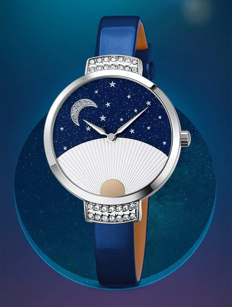 Star Starry Sky Half Arc investigator Sector Quartz Leather Strap Alloy Wristwatch MASTOP Women's Watches Diamond Inlay Moon 