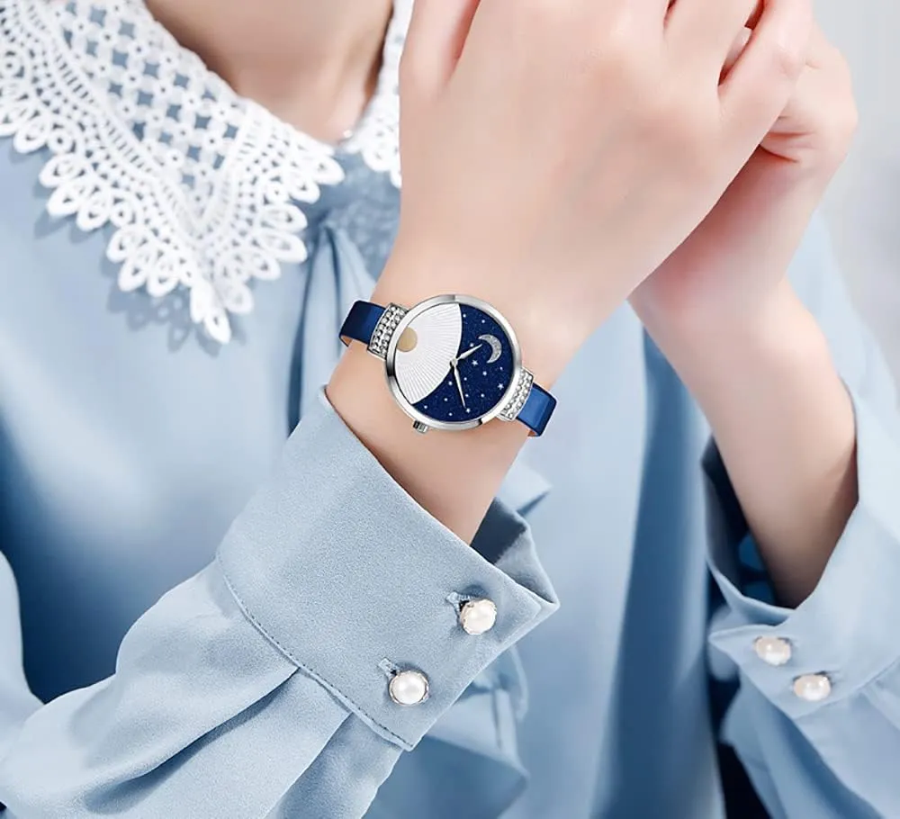 Star Starry Sky Half Arc investigator Sector Quartz Leather Strap Alloy Wristwatch MASTOP Women's Watches Diamond Inlay Moon 