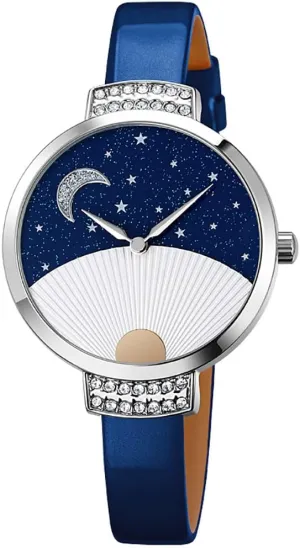 Star Starry Sky Half Arc investigator Sector Quartz Leather Strap Alloy Wristwatch MASTOP Women's Watches Diamond Inlay Moon 